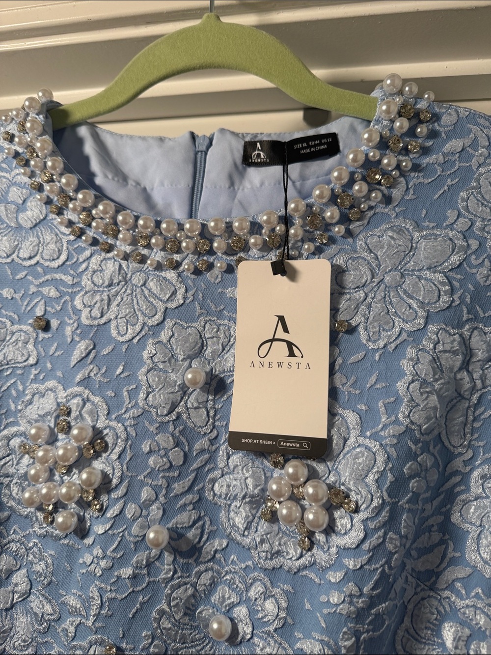 Women’s size 10 Pearl-Embellished Light Blue Lace Mini Dress look at description - Picture 5 of 12